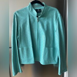 Aqua Laser Cut Faux Leather Jacket Cropped Zip Up Modern Minimalist